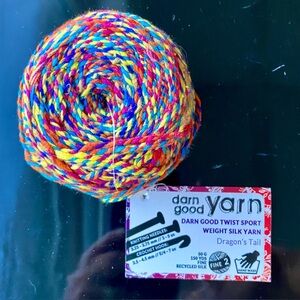 100% Silk Yarn. Sport weight. “Dragon’s Tail” (multi) color. By Darn Good Yarn